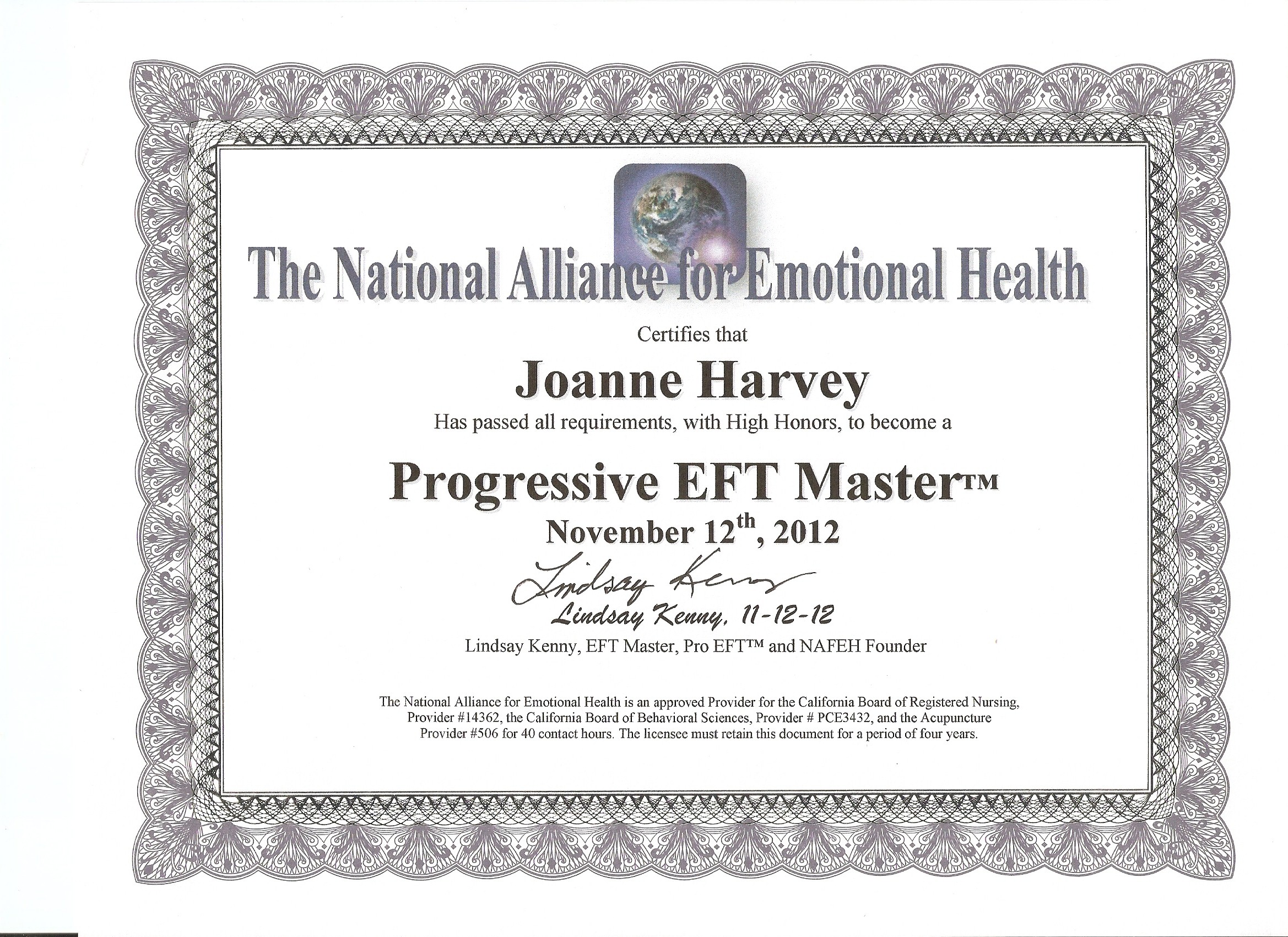 Joanne Harvey Certification